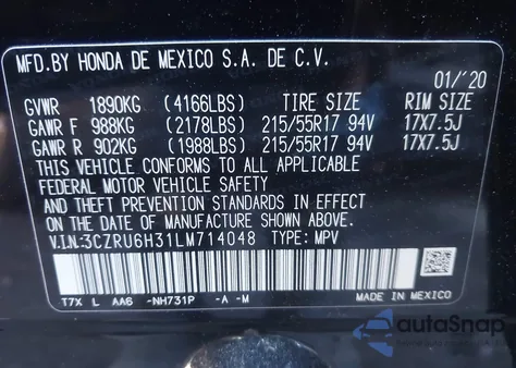2020 Honda Hr-V Awd Lx z USA, uszkodzony, nr VIN 3CZRU6H31LM714048